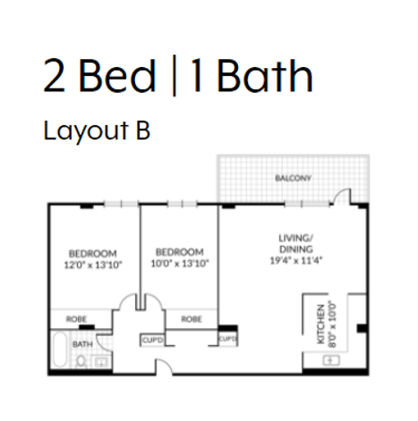 Floor plan for 2 beds, 1 bath, 1010 sqft